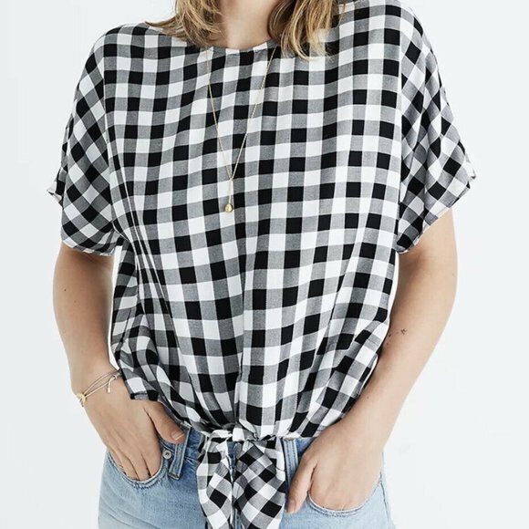 Madewell Button-Back Tie Front Tee in Buffalo Check Top Blouse‎ Womens Size XS - Picture 1 of 8